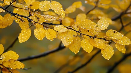 Sticker -  A tight shot of a tree, its yellow leaves dotted with water droplets, hazy background