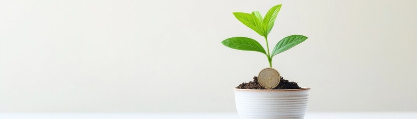 A young green plant growing from a coin in a white pot, symbolizing financial growth, investment, and eco-friendly ventures.