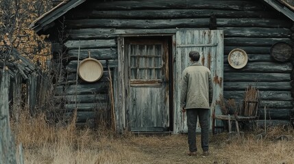  A man before a log cabin door, clock affixed to its side