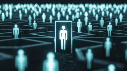 Wall Mural - a labyrinth filled with human icons at various points, with some advancing toward illuminated doors 