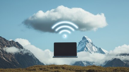 Poster - A laptop floating in a serene mountain landscape, surrounded by clouds shaped like Wi-Fi signals