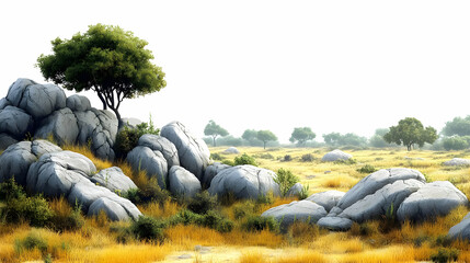 Wall Mural - A serene landscape featuring rocky formations and sparse vegetation under a bright sky.