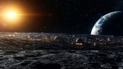 High-tech lunar settlement with domed structures and buildings, rocky moon terrain in the foreground, distant Earth visible, moon base architecture, human colonization of the moon