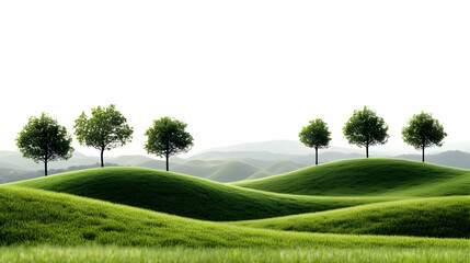 Wall Mural - A serene landscape featuring rolling green hills and trees under a bright sky.