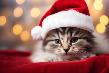 Close up cat wearing santa claus red hat against christmas golden bokeh lights for greeting card with empty space for your text	
