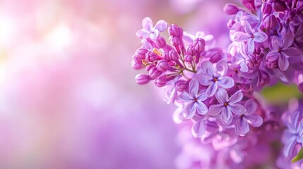 a tight shot of several lilac blooms against a softly blurred backdrop, illuminated by a shallow dep