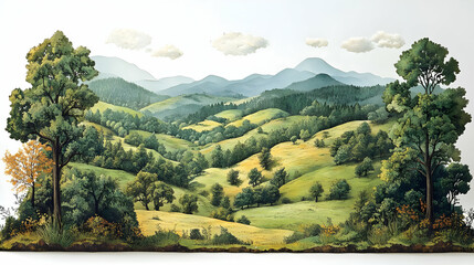 Wall Mural - A serene landscape featuring rolling hills, trees, and distant mountains under a cloudy sky.