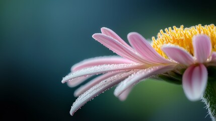  A tight shot of a pink-yellow bloom, adorned with water beads on its petals, and a verdant stem