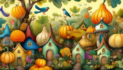 A whimsical, fairy-tale village scene with colorful pumpkin-shaped houses, birds, and lush greenery. Ideal for children's fall, Thanksgiving, and Halloween illustrations, fantasy themes,