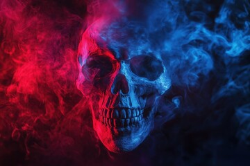 Skull made of smoke colorful with red and blue colors cinematic lighting