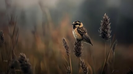  A small bird perches atop a tall grassy knoll, adjacent to a field adorned with tall brown and white flowering stalks