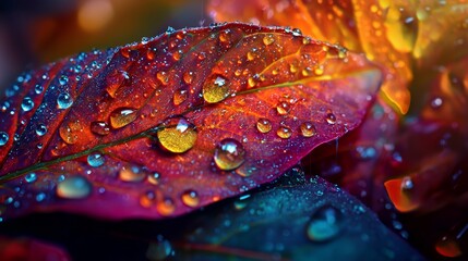 Poster -  A red leaf with dewdrops, closely framed, and a green leaf in the near foreground