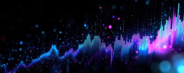 Wall Mural - Digital stock market graph with blue and purple lines, black background, stock charts for cats theme, blurred motion of candlestick chart in the foreground Generative AI