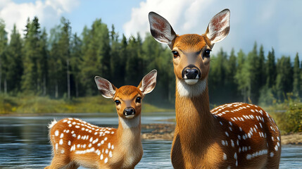 Canvas Print - A serene scene featuring a mother deer and her fawn by a tranquil river in a forested area.