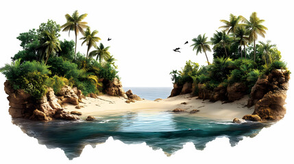 Wall Mural - A serene tropical landscape featuring lush greenery, sandy beach, and calm waters.