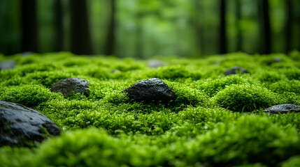 Wall Mural - A serene view of moss-covered ground with scattered rocks in a lush forest setting.