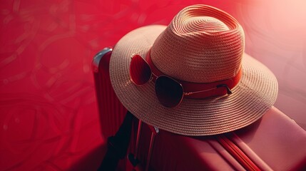 Wall Mural - A suitcase paired with a hat and sunglasses against a red background. Minimalist travel concept.