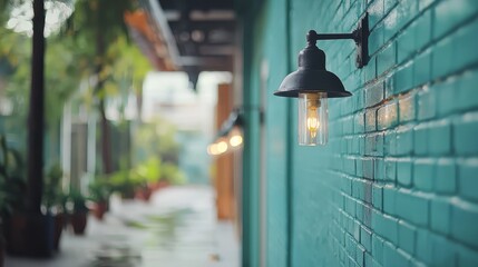  A light by a building's side, adjacent to a wall adorned with potted plants