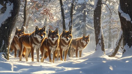 Wall Mural - Five Wolves Standing in a Snowy Forest