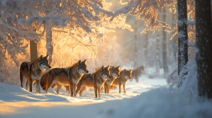 Wall Mural - Wolf Pack in a Snowy Forest at Sunset