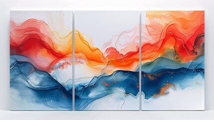 Wall Mural - Featuring curves of red, blue, and orange, this trio of abstract fluid art panels makes an excellent addition to any room