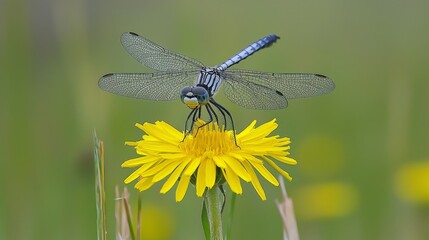  A blue dragonfly rests atop a dandelion amidst a field of green and yellow wildflowers