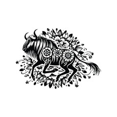 Wall Mural - Wildebeest in folk art black and white silhouette illustration