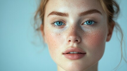 Sticker - Close-up Portrait of a Woman with Freckles and Blue Eyes