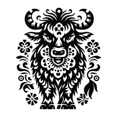 Wall Mural - Yak in folk art black and white silhouette illustration