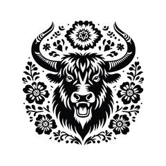 Wall Mural - Yak in folk art black and white silhouette illustration