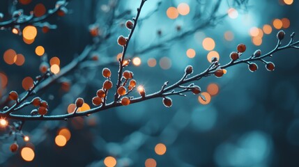  A tight shot of a tree branch adorned with lights against a treescape illuminated backdrop