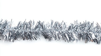 Wall Mural - Silver Tinsel Garland Border on White Background, Christmas Decoration, Festive, Holiday, Celebration