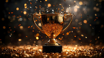 A shiny trophy surrounded by sparkling confetti, symbolizing achievement and celebration.