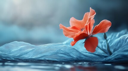 Wall Mural -  A red flower atop a blue bedspread - bedspreads covered in fabric, bed