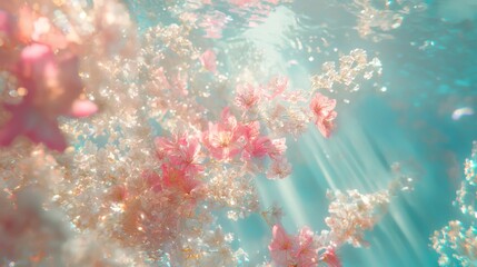 Wall Mural -  A collection of pink blooms bobbing atop a water surface, illuminated by sunlight filtering through clouds behind