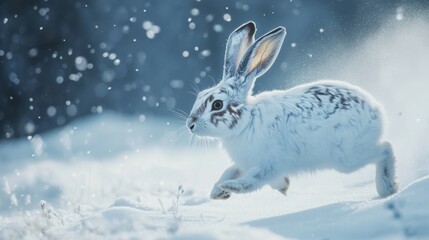 Wall Mural - White Snowshoe Hare Leaping Through Snowy Landscape