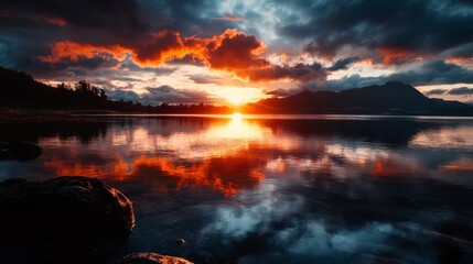 Poster -  A vast expanse of water, dotted with clouds, houses a setting sun in the distance, framed by mountain ranges