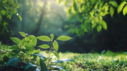  A small plant emerges from the ground, situated amidst a grassy expanse dotted with trees in the backdrop