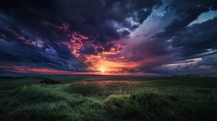  A scene with a grassy field and a sky filled with numerous clouds, featuring grass in the foreground