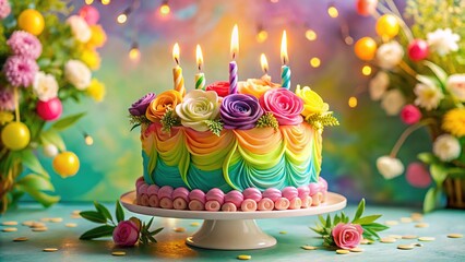 Vibrant colorful cake adorned with swirling decorations, topped with gleaming happy birthday candles, surrounded by delicate flowers and leaves on a soft pastel background.