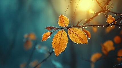 Sticker -  A tight shot of a tree branch leaf, adorned with droplets of water, against a backdrop of the golden sun