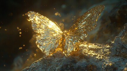  A golden butterfly atop gold foil against a black background, illuminated by light on its wings