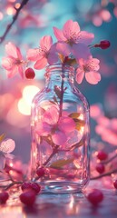 Wall Mural - Pink cherry blossoms in a glass vase with a blurred background of pink flowers and bokeh lights.