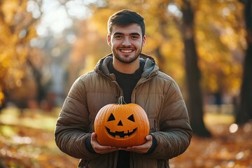 young man holds halloween pumpkin jack o lantern in autumn park