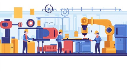 Wall Mural - Workers operating machinery in a modern manufacturing facility during the day, showcasing advanced technology and production processes