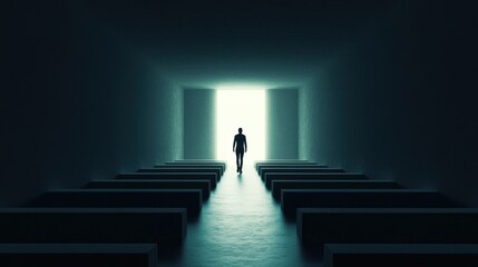 Wall Mural - a person walking through a maze-like office space, with a single exit door glowing at the end. conce