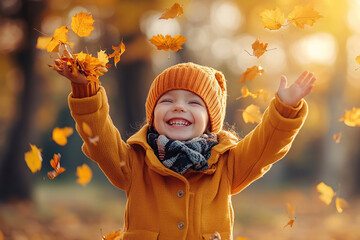 Happy child girl throw up the autumn leaves in the park