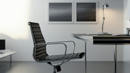 Poster - Modern minimalist office workspace with a sleek black chair and simple decor in a bright room featuring gray art at midday