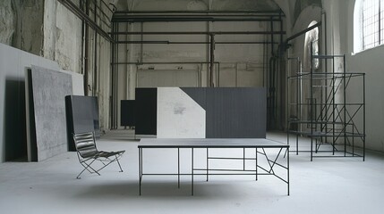 Poster - Minimalist interior showcasing modern furniture in an industrial space with stark contrast and geometric shapes