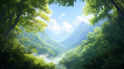 Lush green forest with mountain range distant, river runs threading middle